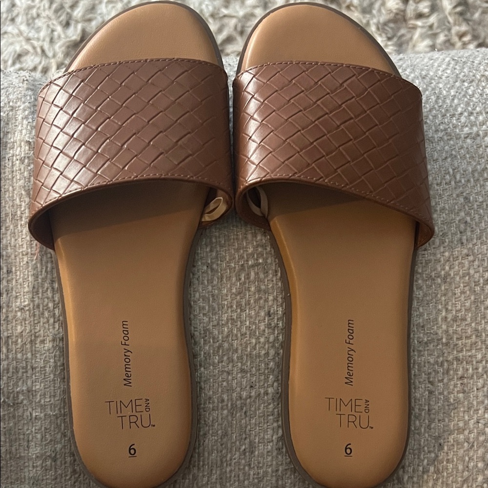 Time and Tru Tan Woven Slide Sandals